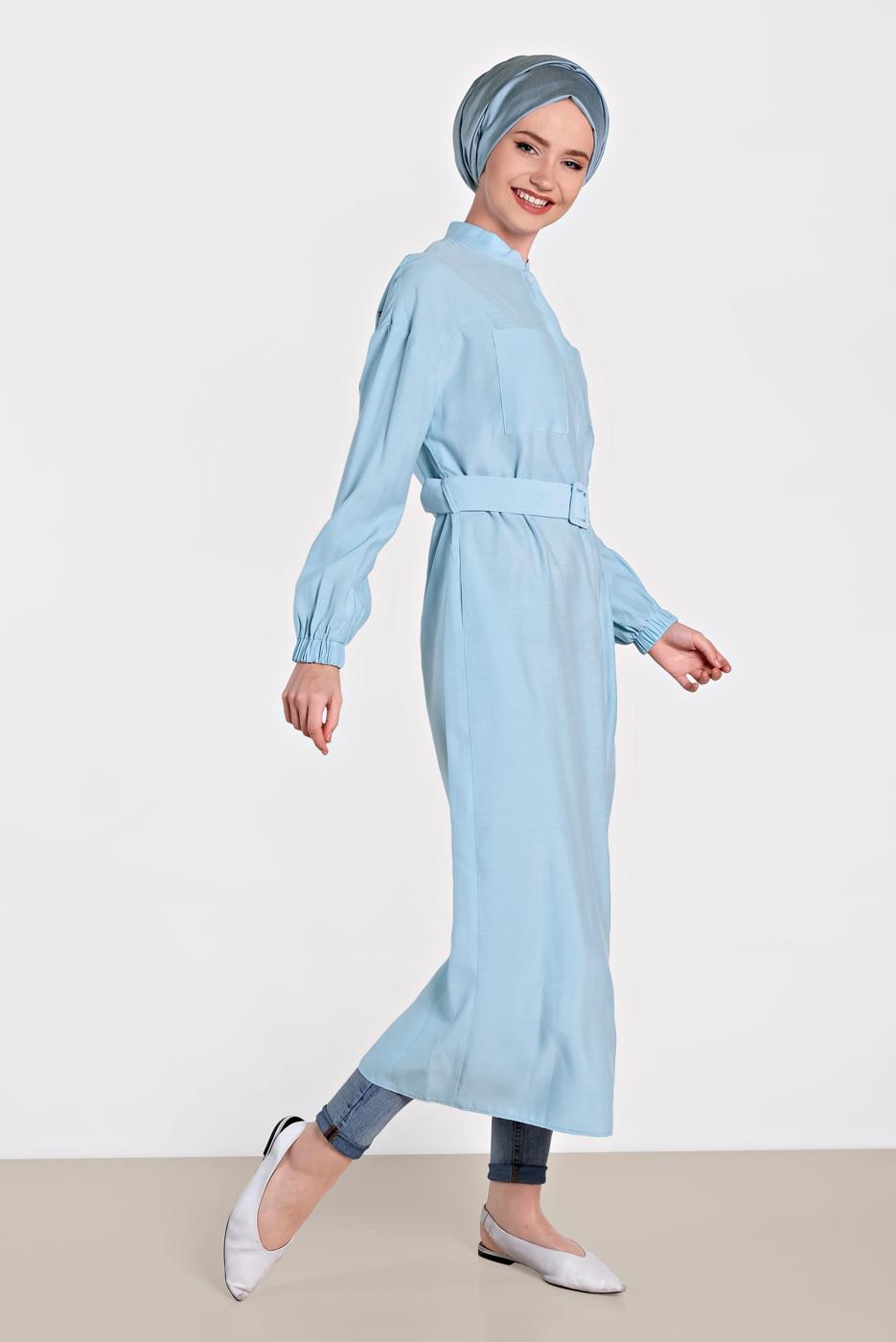 Tesettür giyim MAVİ ALVİNA KOLU LASTİK DETAYLI KEMERLİ TUNİK 4473