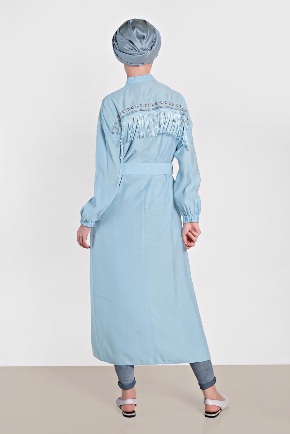 Tesettür giyim MAVİ ALVİNA KOLU LASTİK DETAYLI KEMERLİ TUNİK 4473