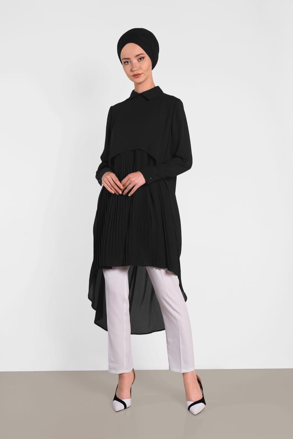 Tesettür giyim SİYAH ALVİNA ASİTMETRİK KESİM TUNİK  4474