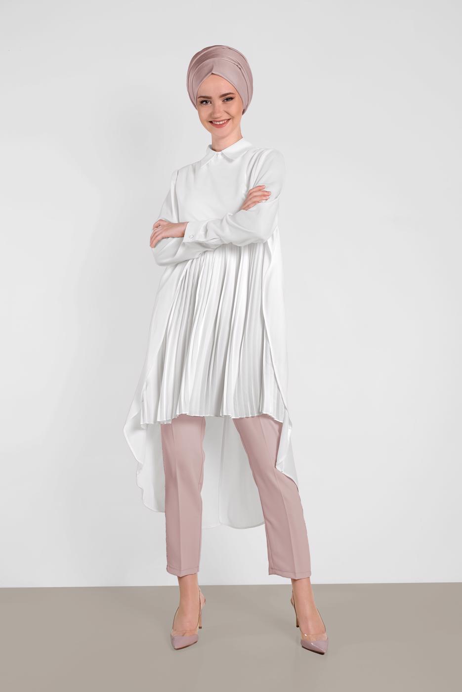 Tesettür giyim KREM ALVİNA ASİTMETRİK KESİM TUNİK  4474