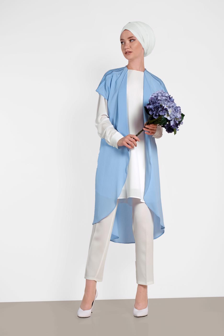 Tesettür giyim MAVİ ALVİNA İKİLİ OMUZ DETAYLI TUNİK 4475