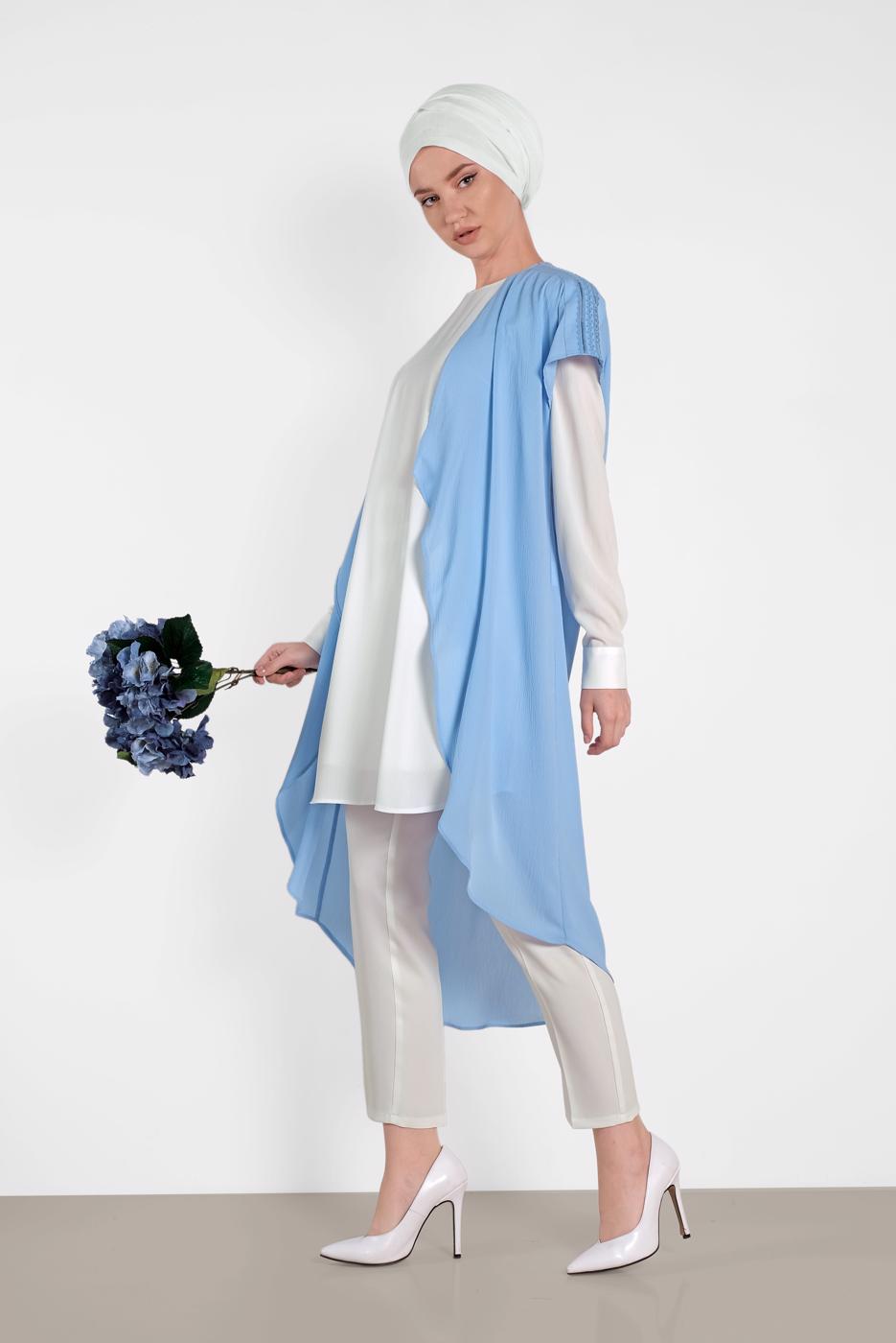 Tesettür giyim MAVİ ALVİNA İKİLİ OMUZ DETAYLI TUNİK 4475