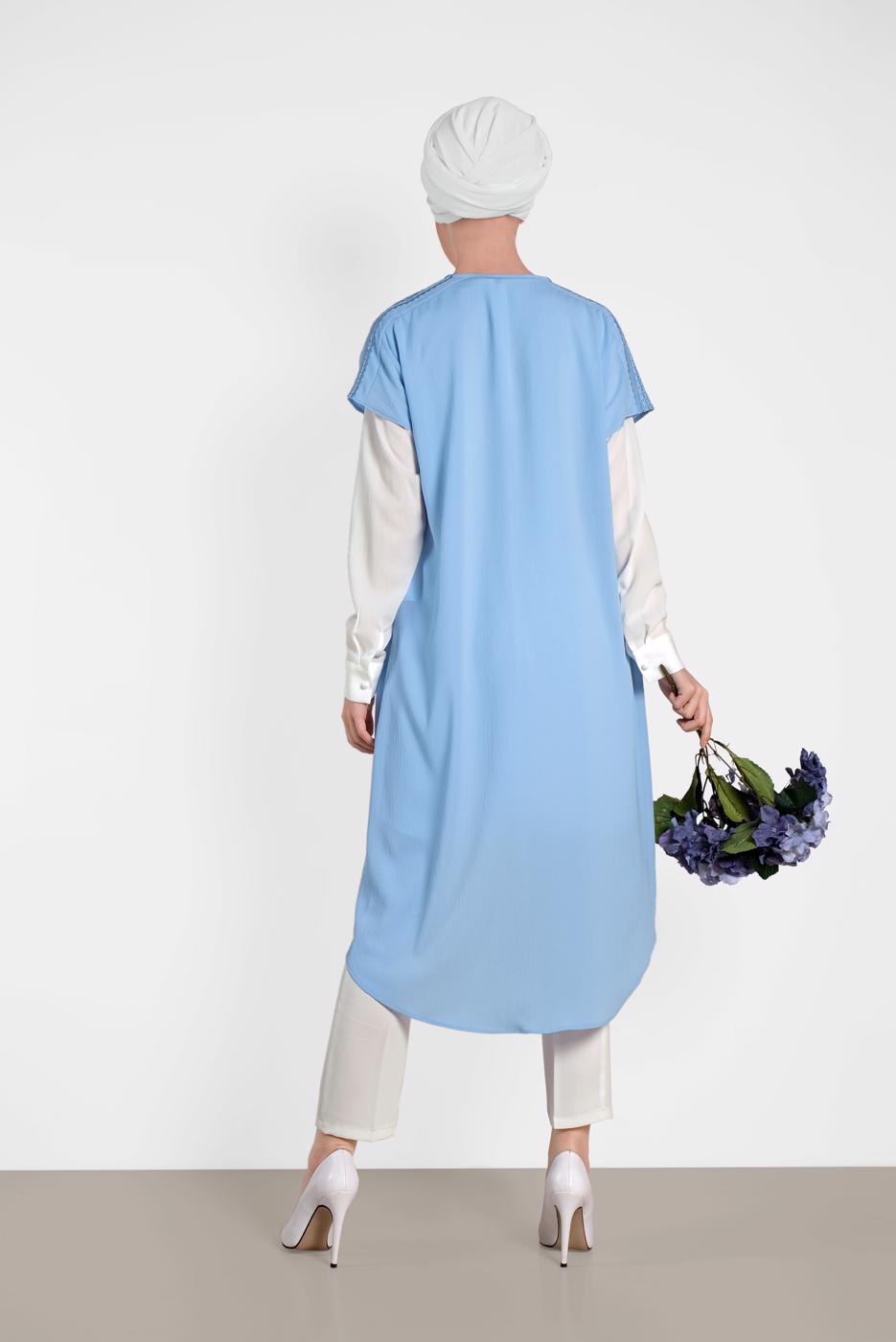 Tesettür giyim MAVİ ALVİNA İKİLİ OMUZ DETAYLI TUNİK 4475