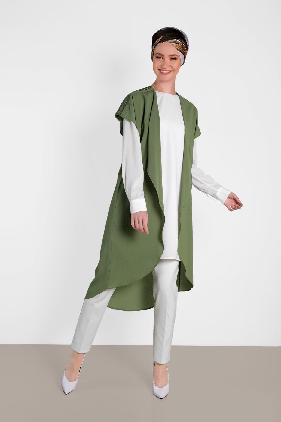 Tesettür giyim HAKİ ALVİNA İKİLİ OMUZ DETAYLI TUNİK 4475