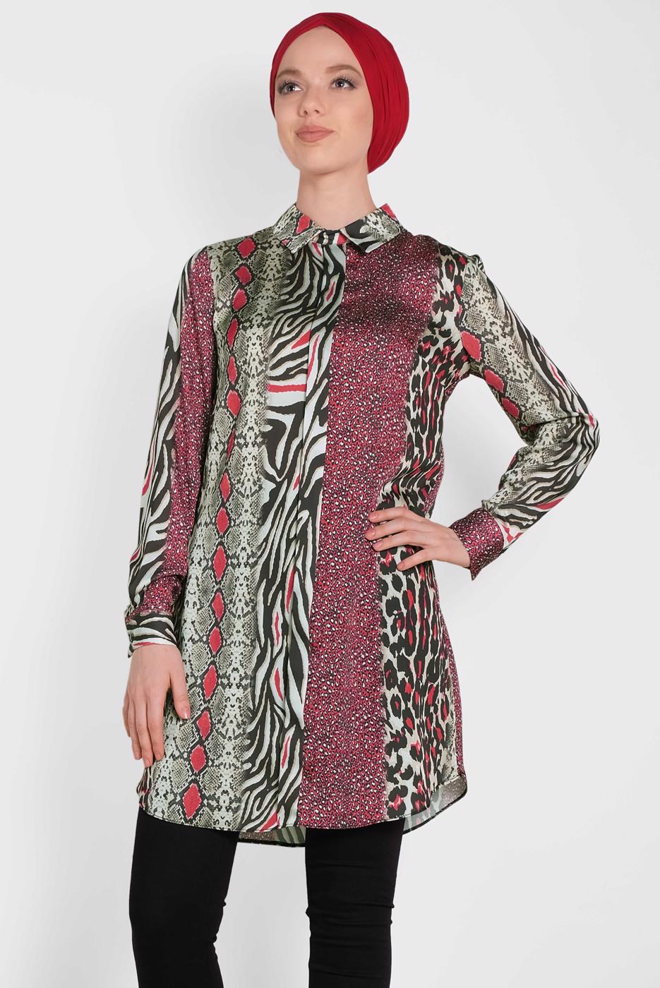 Tesettür giyim KIRMIZI ALVİNA KARIŞIK DESENLİ TUNİK 4491