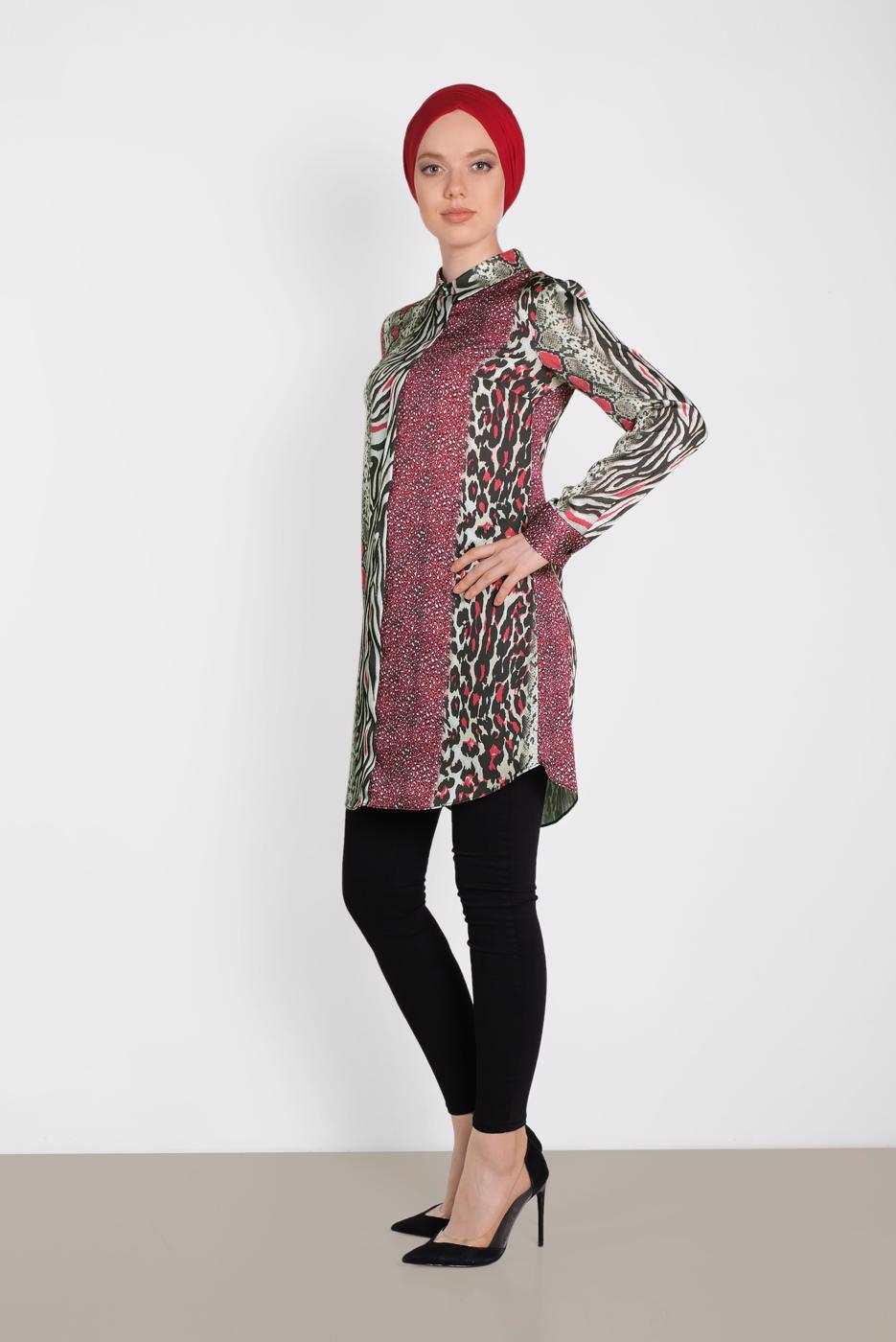 Tesettür giyim KIRMIZI ALVİNA KARIŞIK DESENLİ TUNİK 4491