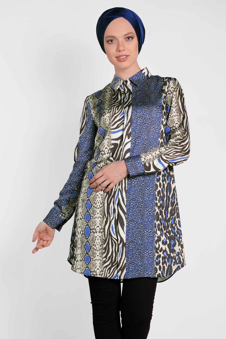 Tesettür giyim LACİVERT ALVİNA KARIŞIK DESENLİ TUNİK 4491