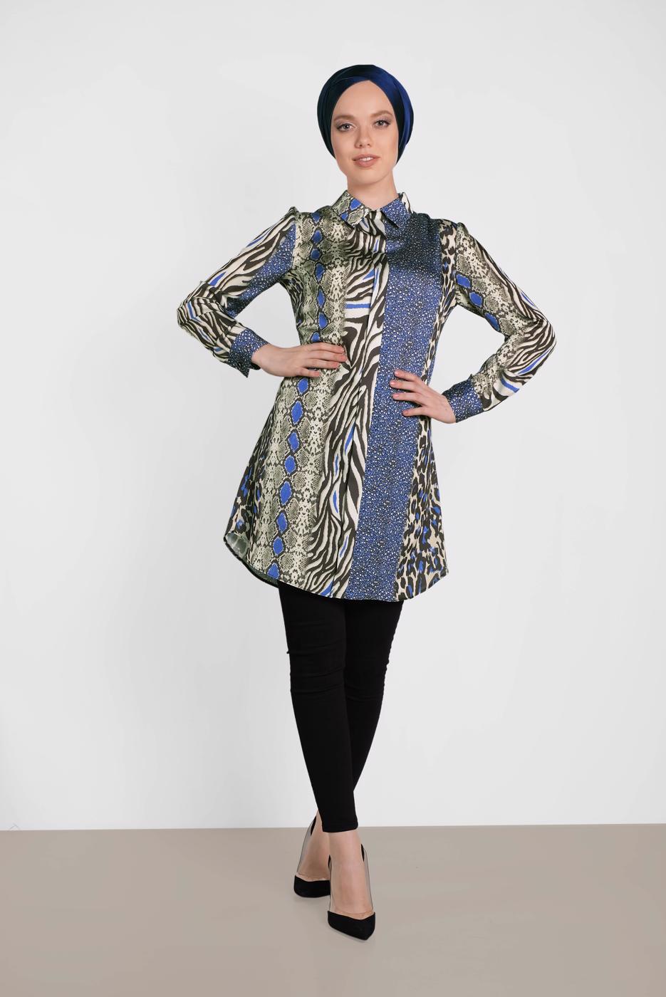 Tesettür giyim LACİVERT ALVİNA KARIŞIK DESENLİ TUNİK 4491