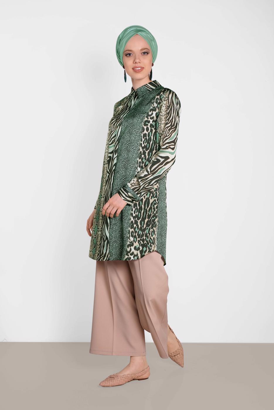 Tesettür giyim YEŞİL ALVİNA KARIŞIK DESENLİ TUNİK 4491