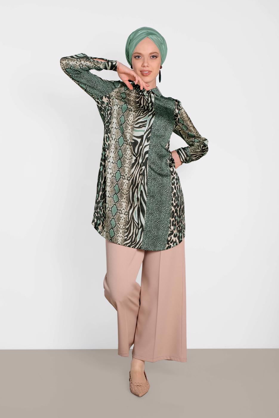 Tesettür giyim YEŞİL ALVİNA KARIŞIK DESENLİ TUNİK 4491
