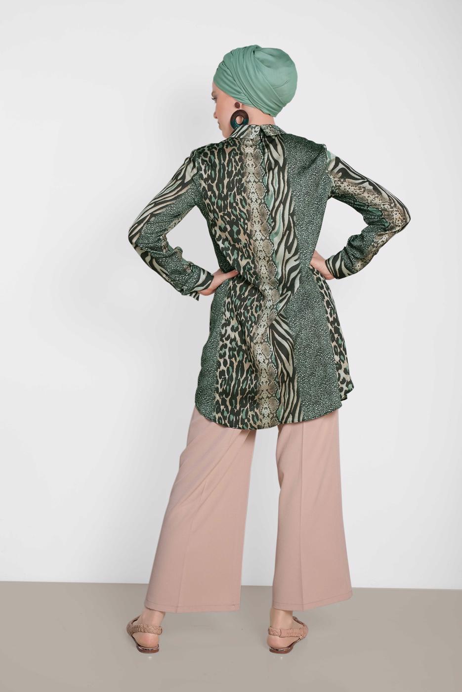 Tesettür giyim YEŞİL ALVİNA KARIŞIK DESENLİ TUNİK 4491
