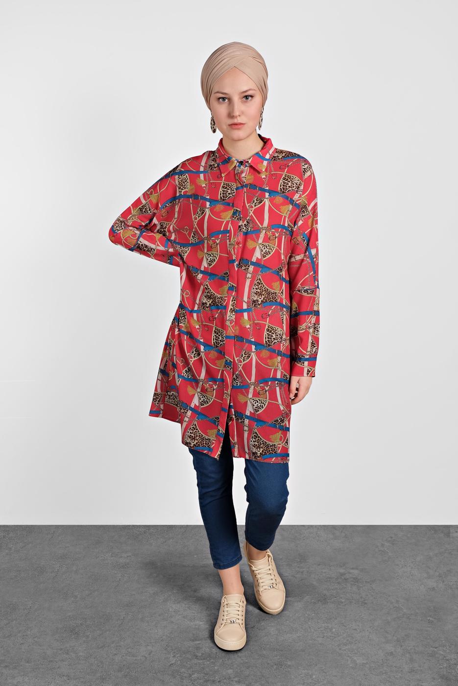 Tesettür giyim KIRMIZI ALVİNA LEOPAR DESENLİ TUNİK 4492