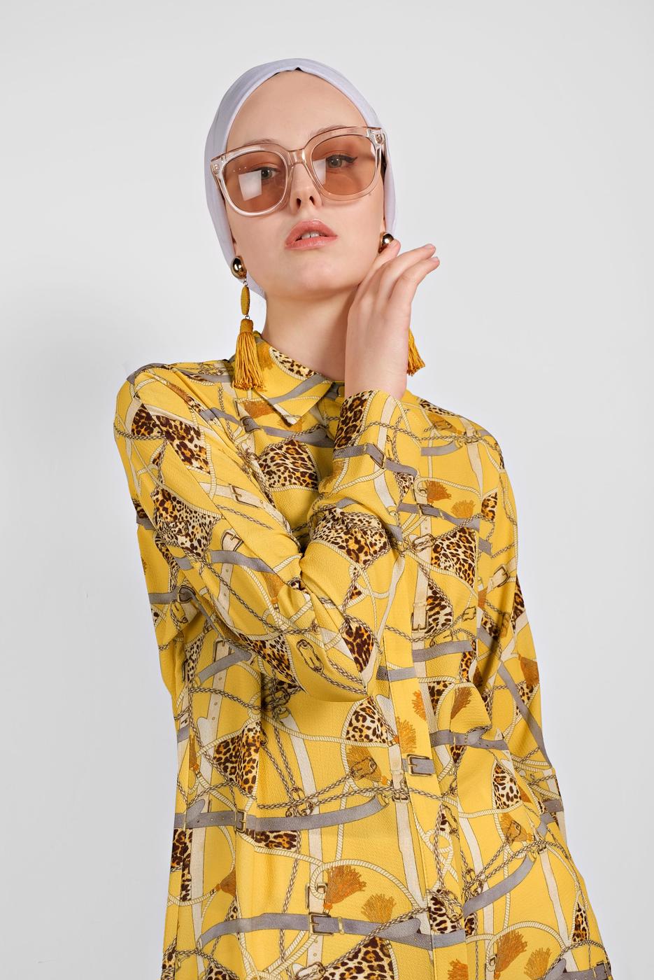 Tesettür giyim SARI ALVİNA LEOPAR DESENLİ TUNİK 4492
