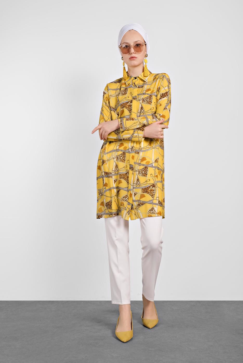 Tesettür giyim SARI ALVİNA LEOPAR DESENLİ TUNİK 4492