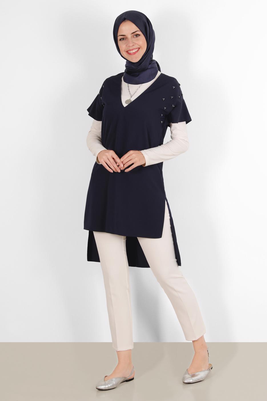 Tesettür giyim LACİVERT ALVİNA  ŞERİT DETAYLI TUNİK 4511 