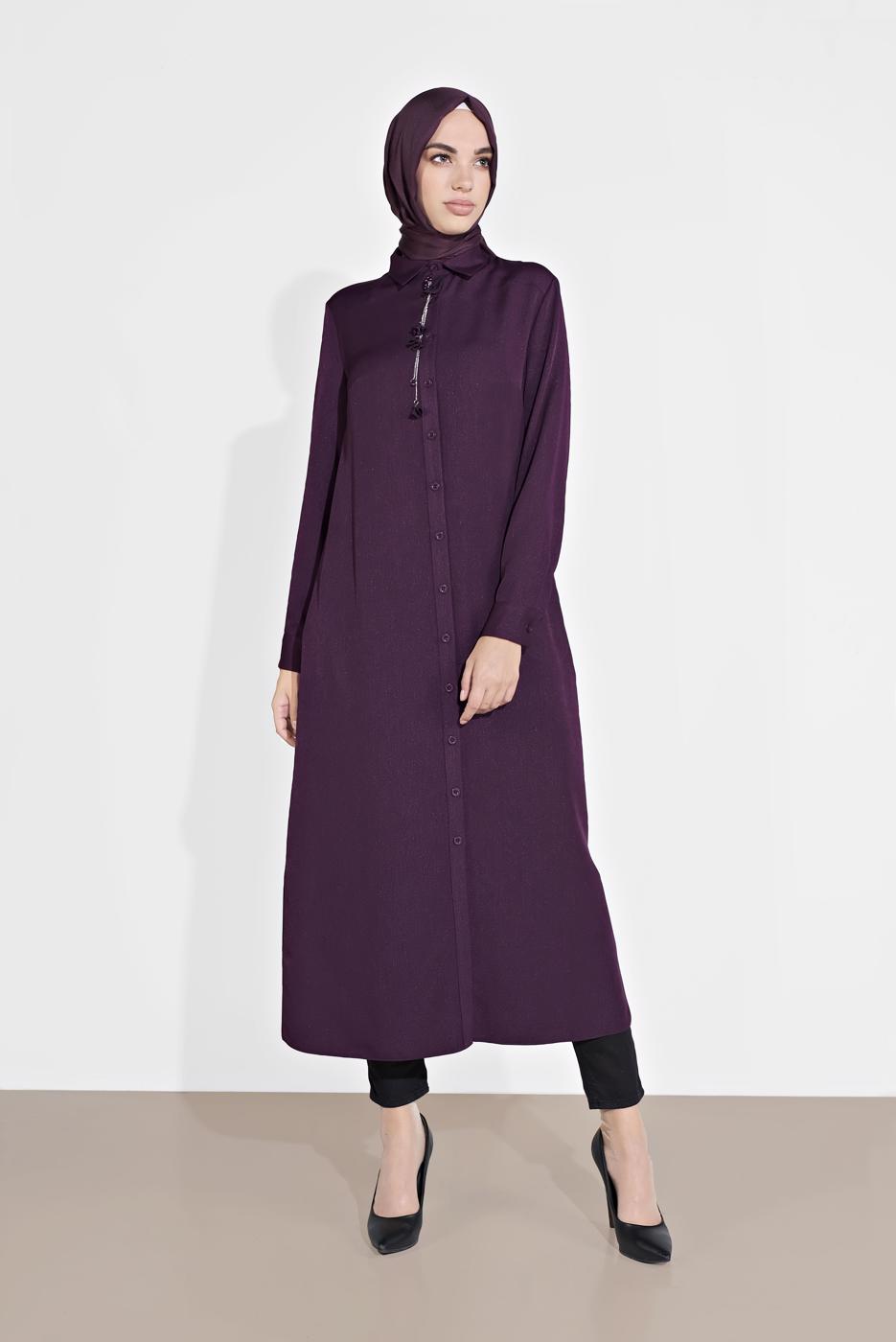 Tesettür giyim MOR ALVİNA KLASİK YANLARI YIRTMAÇLI TUNİK 4854
