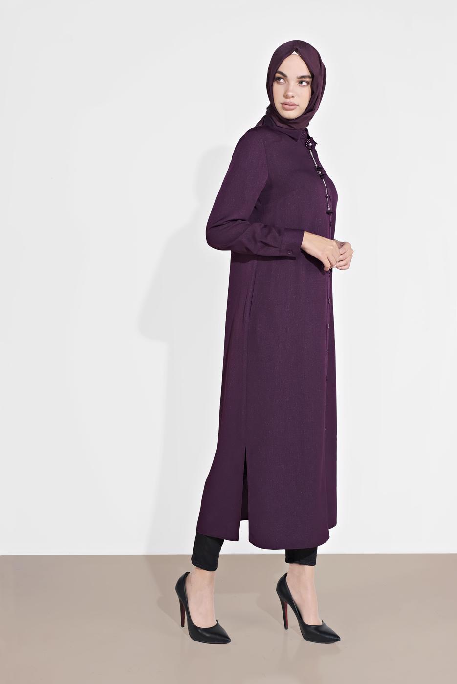 Tesettür giyim MOR ALVİNA KLASİK YANLARI YIRTMAÇLI TUNİK 4854