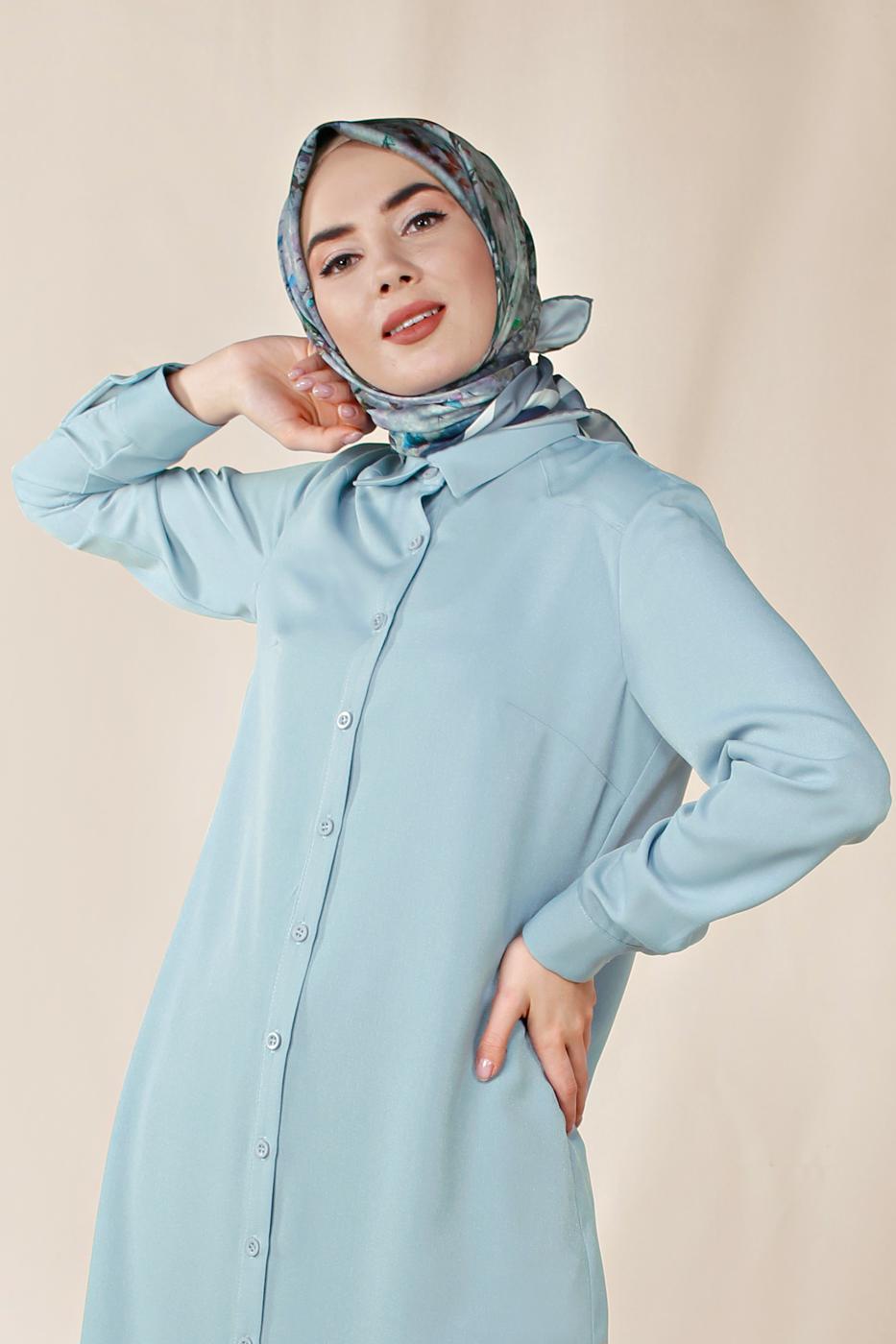 Tesettür giyim MAVİ ALVİNA KLASİK YANLARI YIRTMAÇLI TUNİK 4854