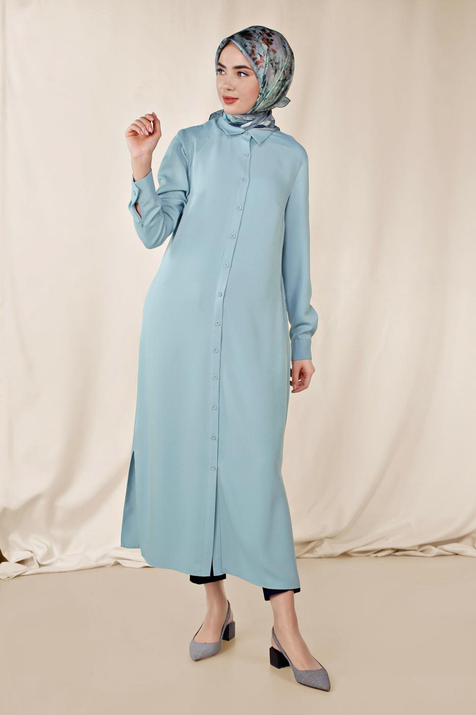 Tesettür giyim MAVİ ALVİNA KLASİK YANLARI YIRTMAÇLI TUNİK 4854