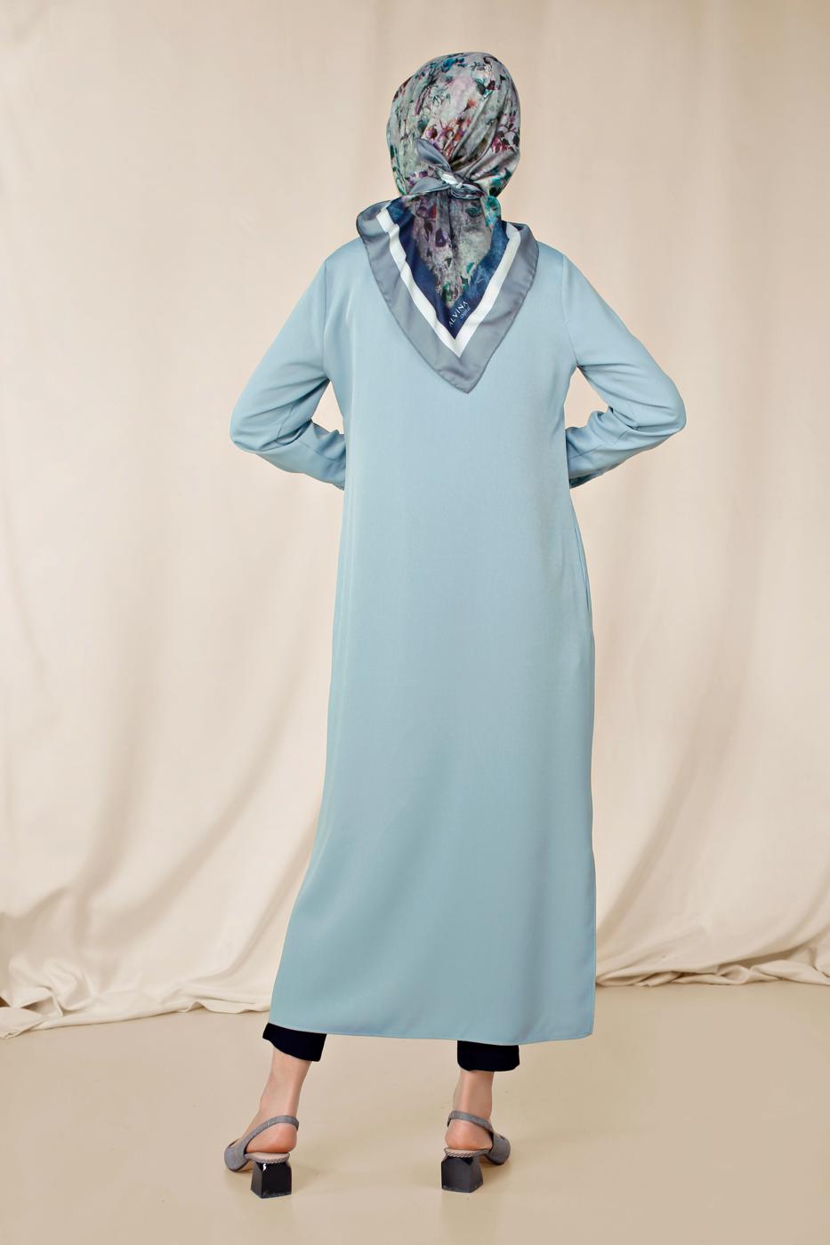 Tesettür giyim MAVİ ALVİNA KLASİK YANLARI YIRTMAÇLI TUNİK 4854