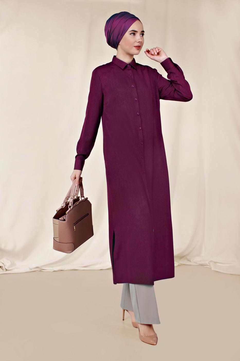 Tesettür giyim MOR ALVİNA KLASİK YANLARI YIRTMAÇLI TUNİK 4854