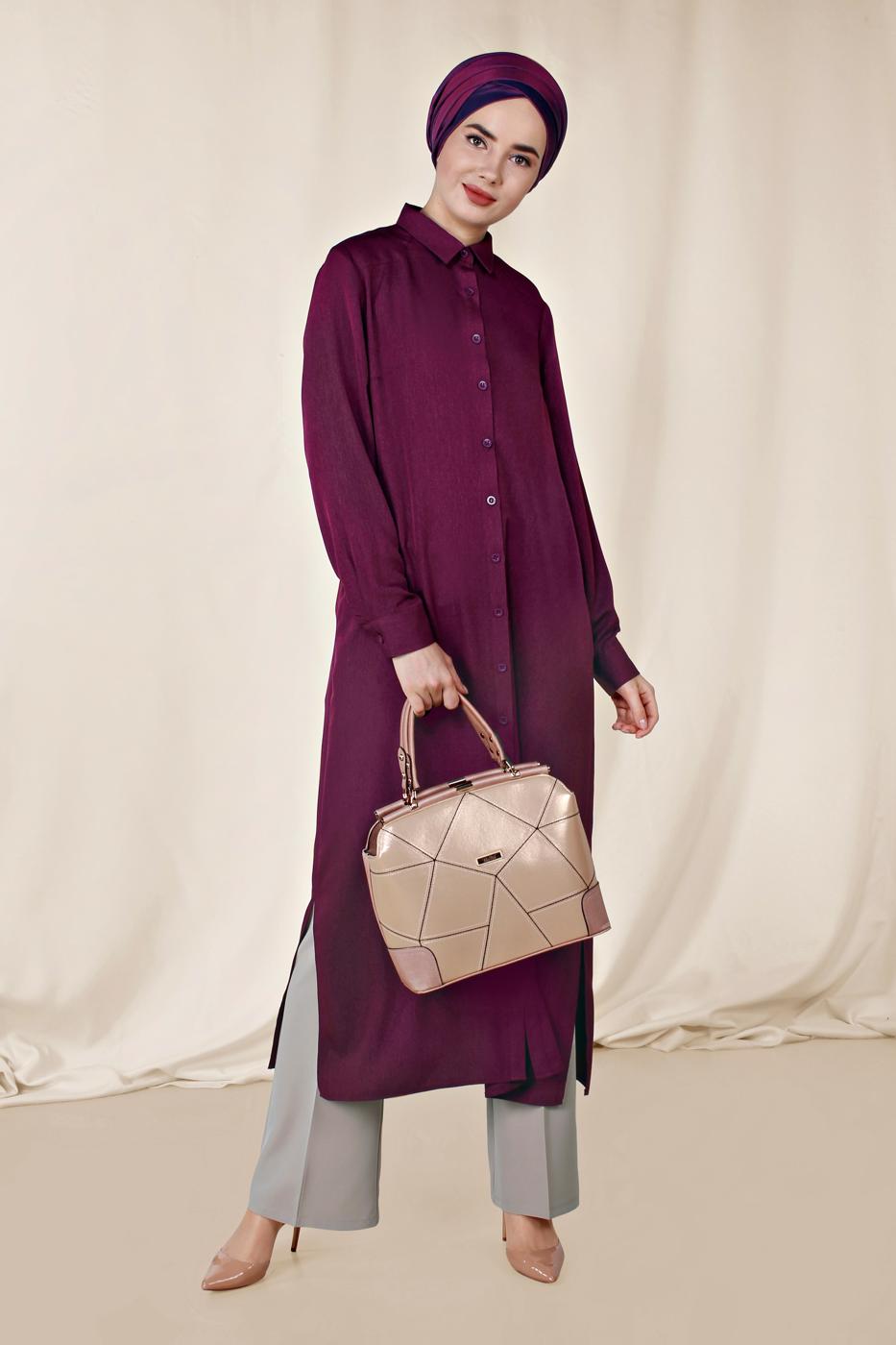 Tesettür giyim MOR ALVİNA KLASİK YANLARI YIRTMAÇLI TUNİK 4854