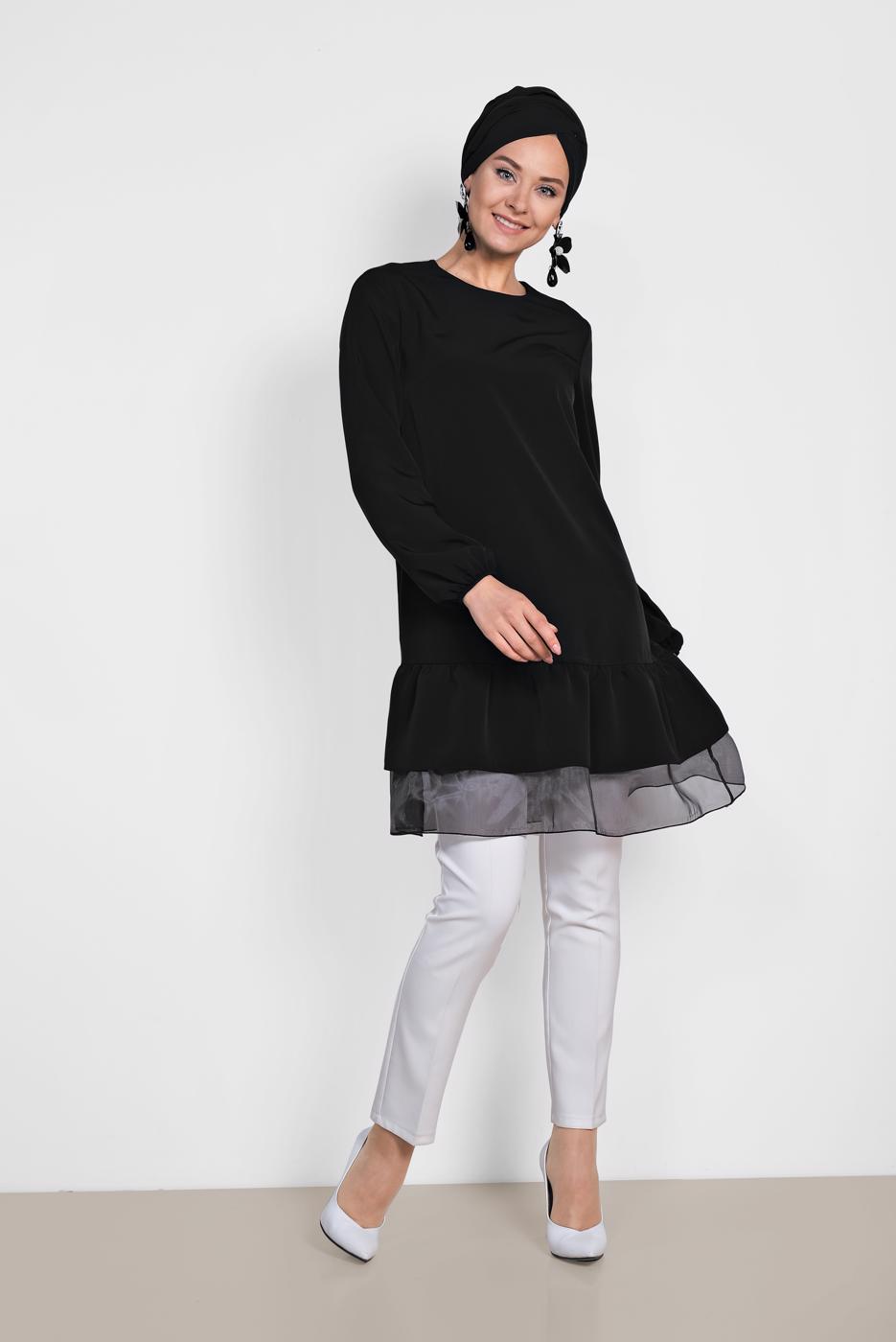 Tesettür giyim SİYAH ALVİNA ETEK UCU TÜLLÜ TUNİK 4860 