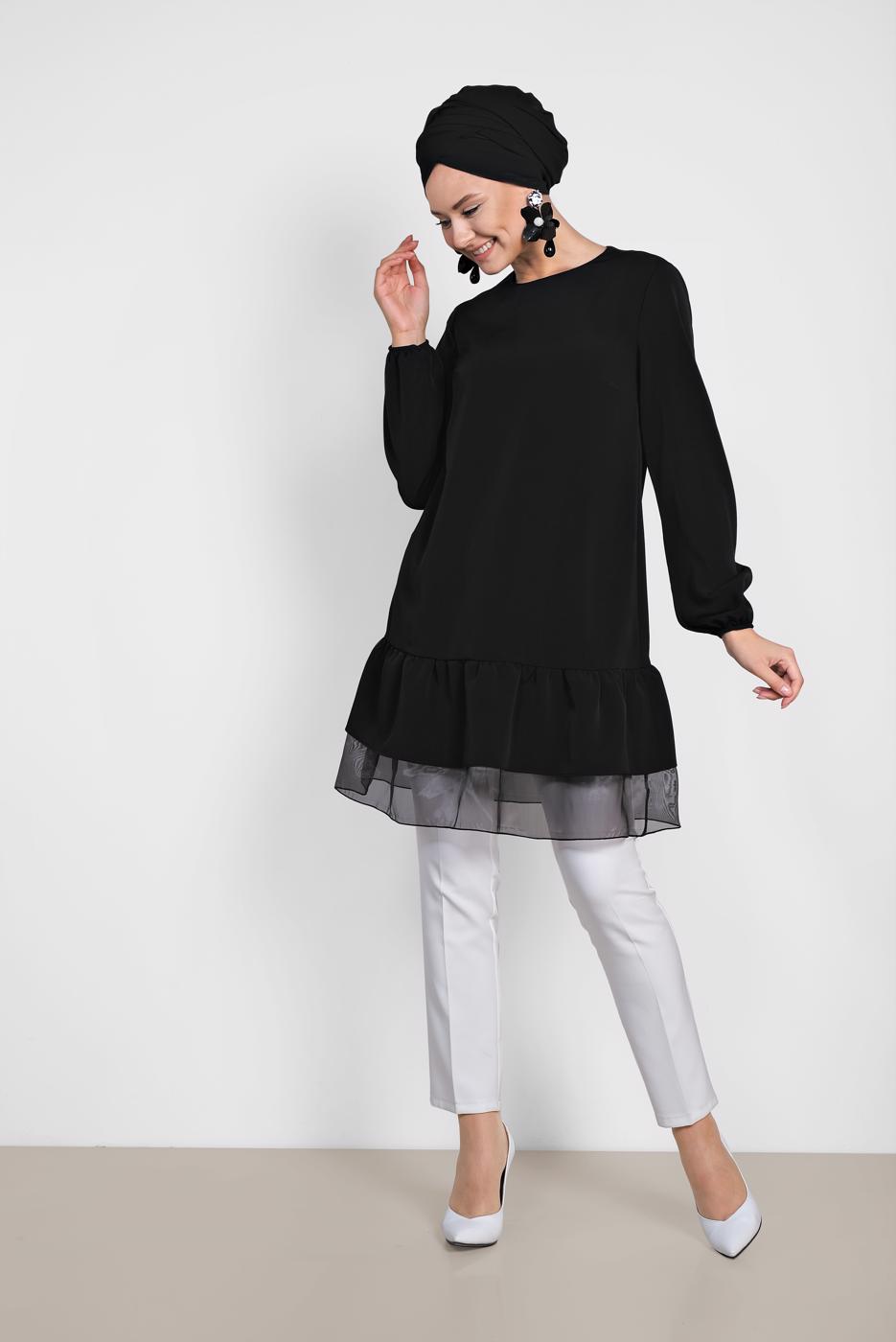 Tesettür giyim SİYAH ALVİNA ETEK UCU TÜLLÜ TUNİK 4860 