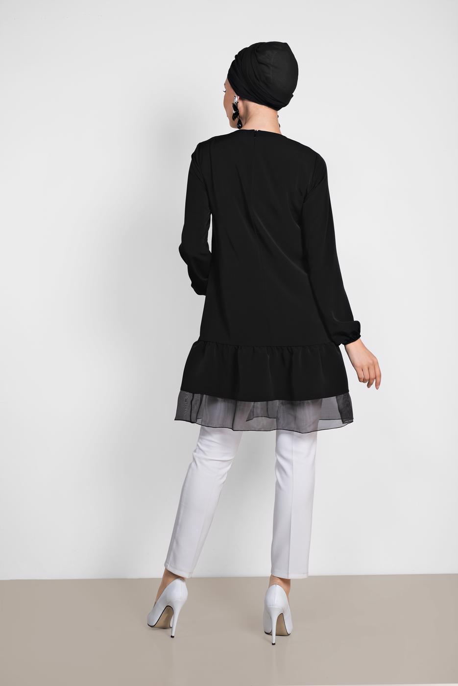 Tesettür giyim SİYAH ALVİNA ETEK UCU TÜLLÜ TUNİK 4860 