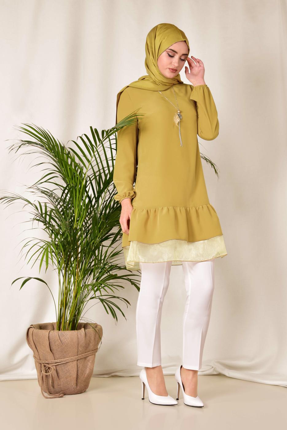 Tesettür giyim SARI ALVİNA ETEK UCU TÜLLÜ TUNİK 4860 