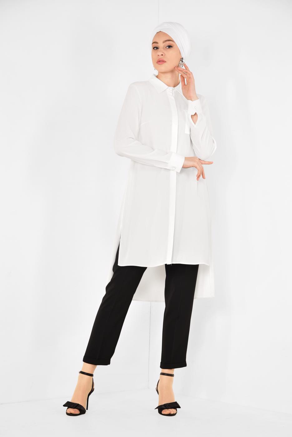 Tesettür giyim KREM ALVİNA CEP DETAYLI TUNİK 4884