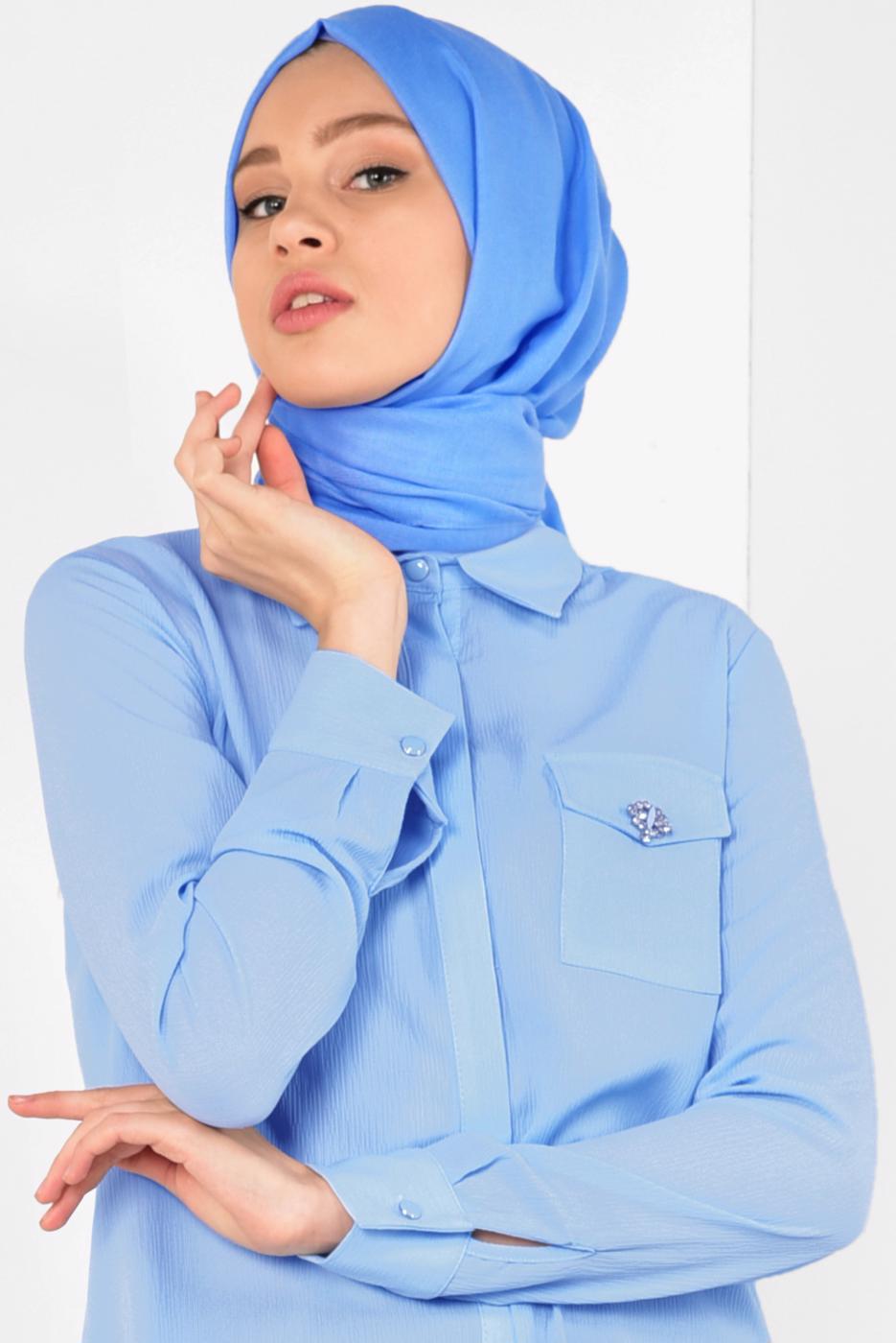 Tesettür giyim MAVİ ALVİNA CEP DETAYLI TUNİK 4884