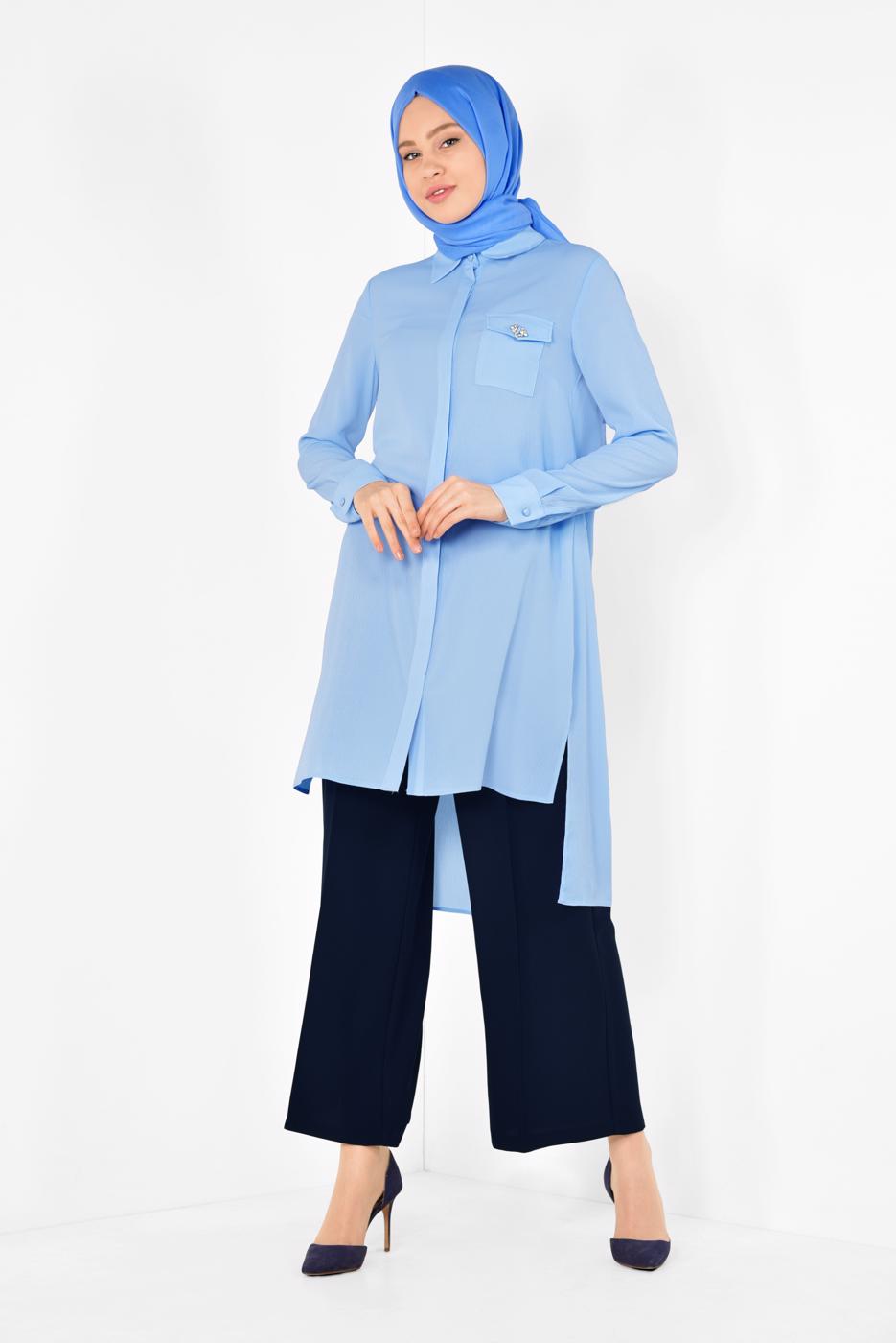Tesettür giyim MAVİ ALVİNA CEP DETAYLI TUNİK 4884