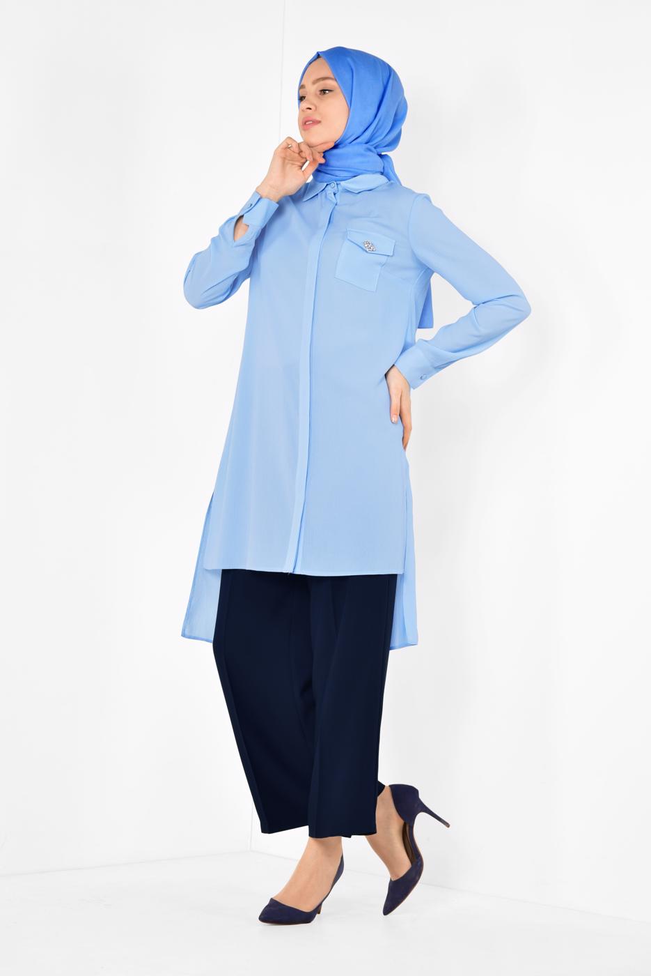Tesettür giyim MAVİ ALVİNA CEP DETAYLI TUNİK 4884