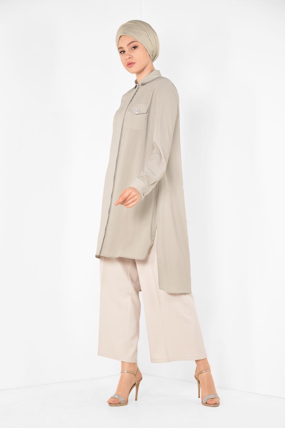 Tesettür giyim BEJ ALVİNA CEP DETAYLI TUNİK 4884