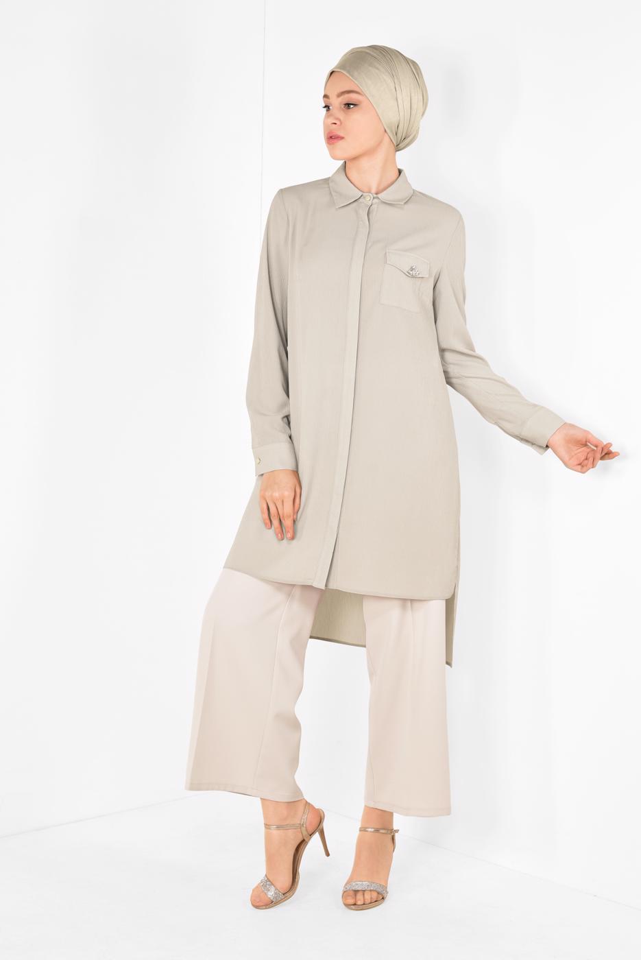 Tesettür giyim BEJ ALVİNA CEP DETAYLI TUNİK 4884