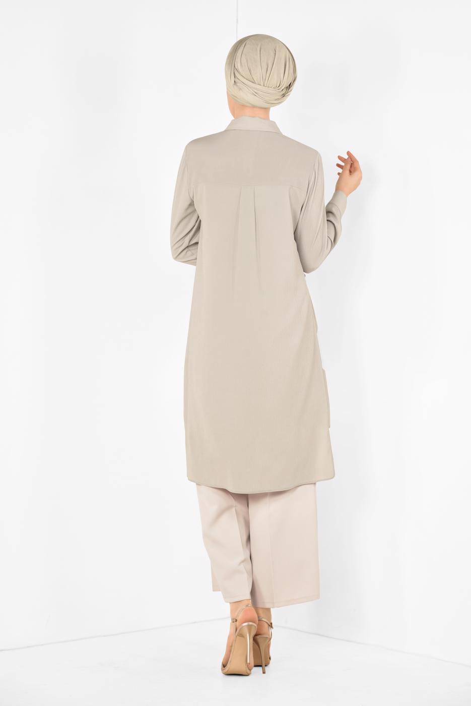 Tesettür giyim BEJ ALVİNA CEP DETAYLI TUNİK 4884