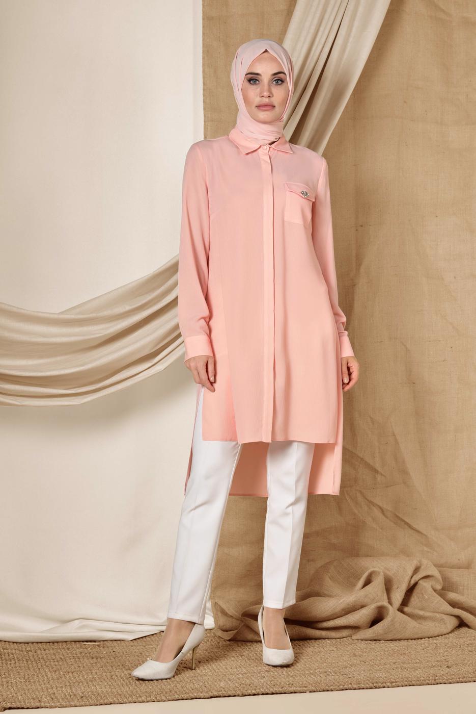 Tesettür giyim PUDRA ALVİNA CEP DETAYLI TUNİK 4884