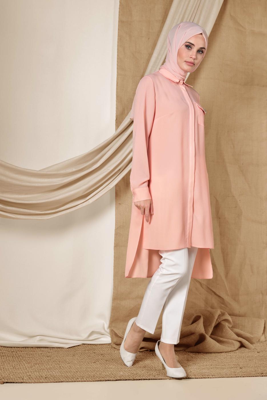 Tesettür giyim PUDRA ALVİNA CEP DETAYLI TUNİK 4884