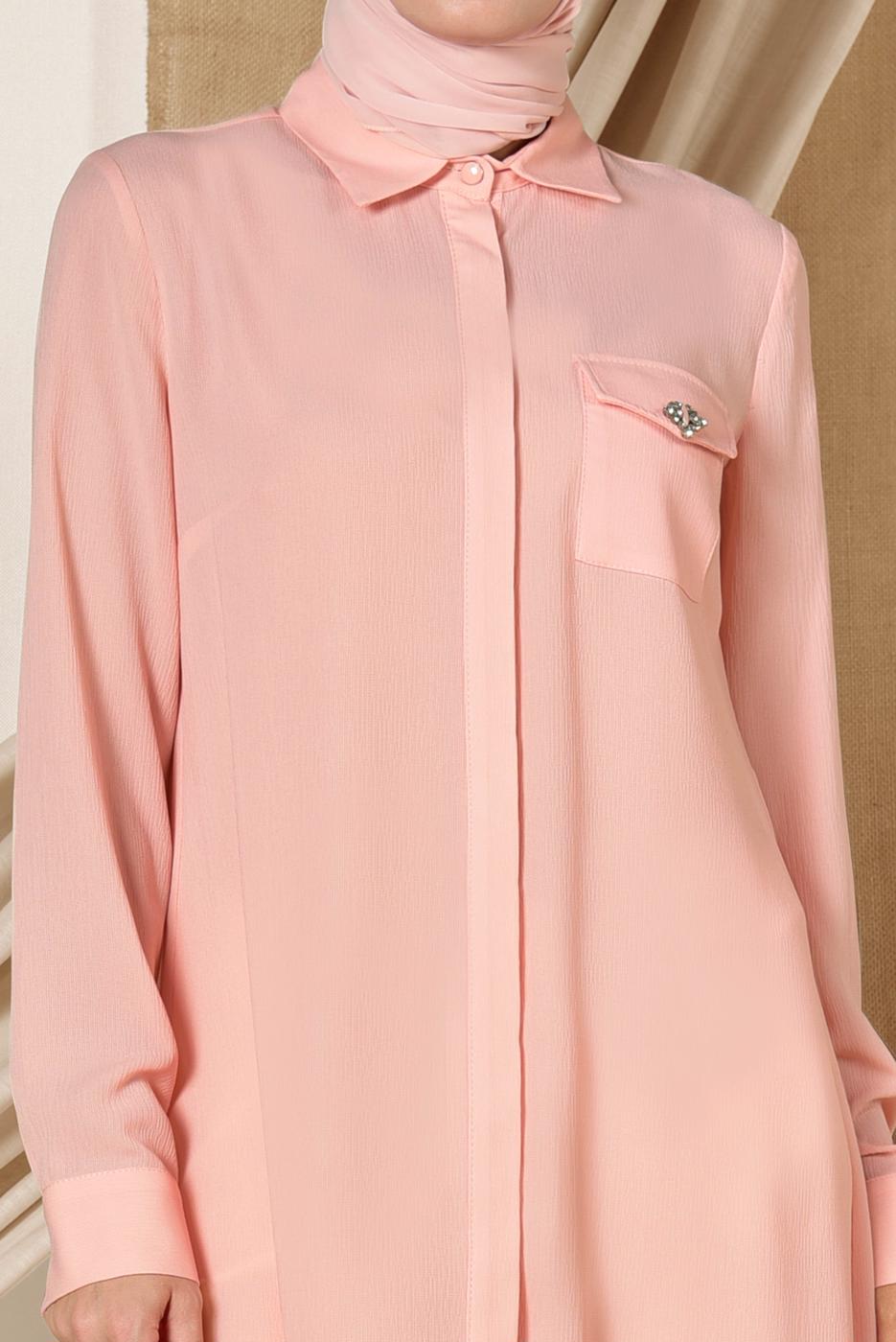 Tesettür giyim PUDRA ALVİNA CEP DETAYLI TUNİK 4884