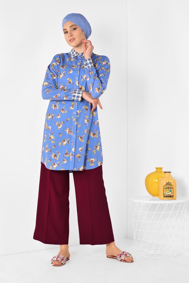 Tesettür giyim  ALVİNA YAKASI VE MANŞETLERİ EKOSELİ TUNİK 4909  - TRENDTESETTÜR