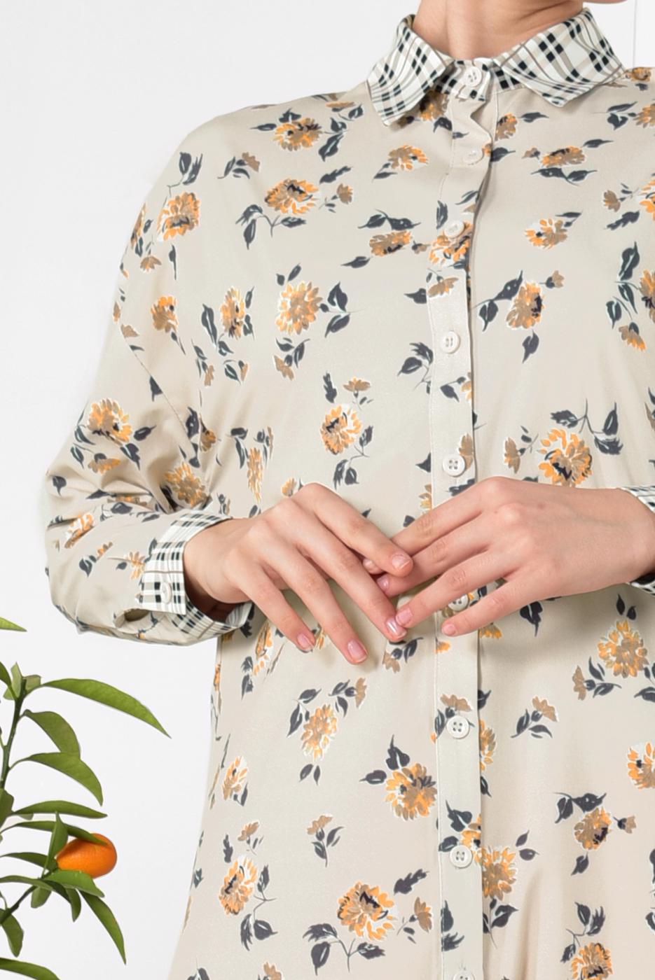 Tesettür giyim BEJ ALVİNA YAKASI VE MANŞETLERİ EKOSELİ TUNİK 4909 