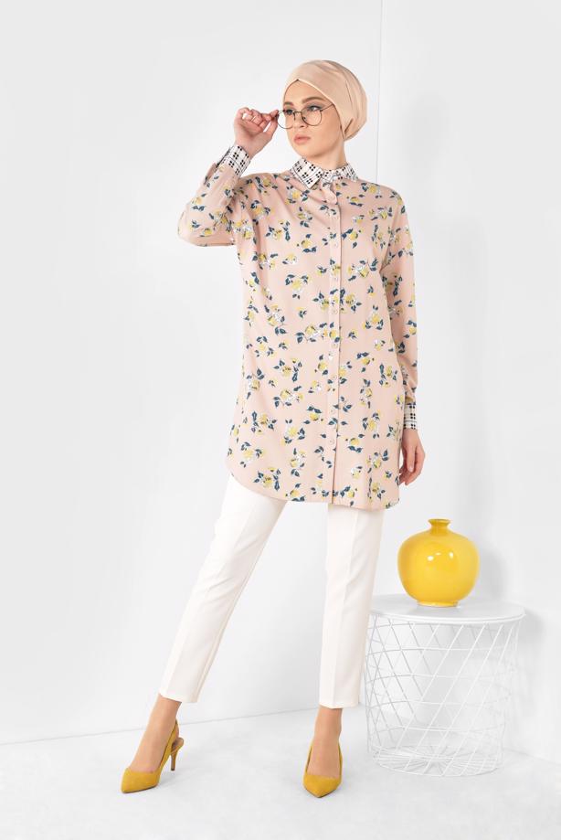 Tesettür giyim  ALVİNA YAKASI VE MANŞETLERİ EKOSELİ TUNİK 4909  - TRENDTESETTÜR