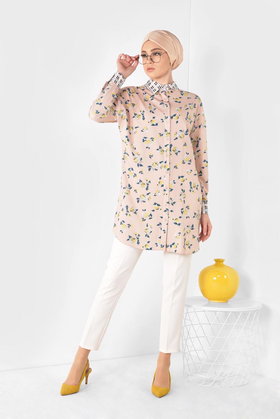 Tesettür giyim PUDRA ALVİNA YAKASI VE MANŞETLERİ EKOSELİ TUNİK 4909 