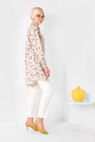 Tesettür giyim PUDRA ALVİNA YAKASI VE MANŞETLERİ EKOSELİ TUNİK 4909 