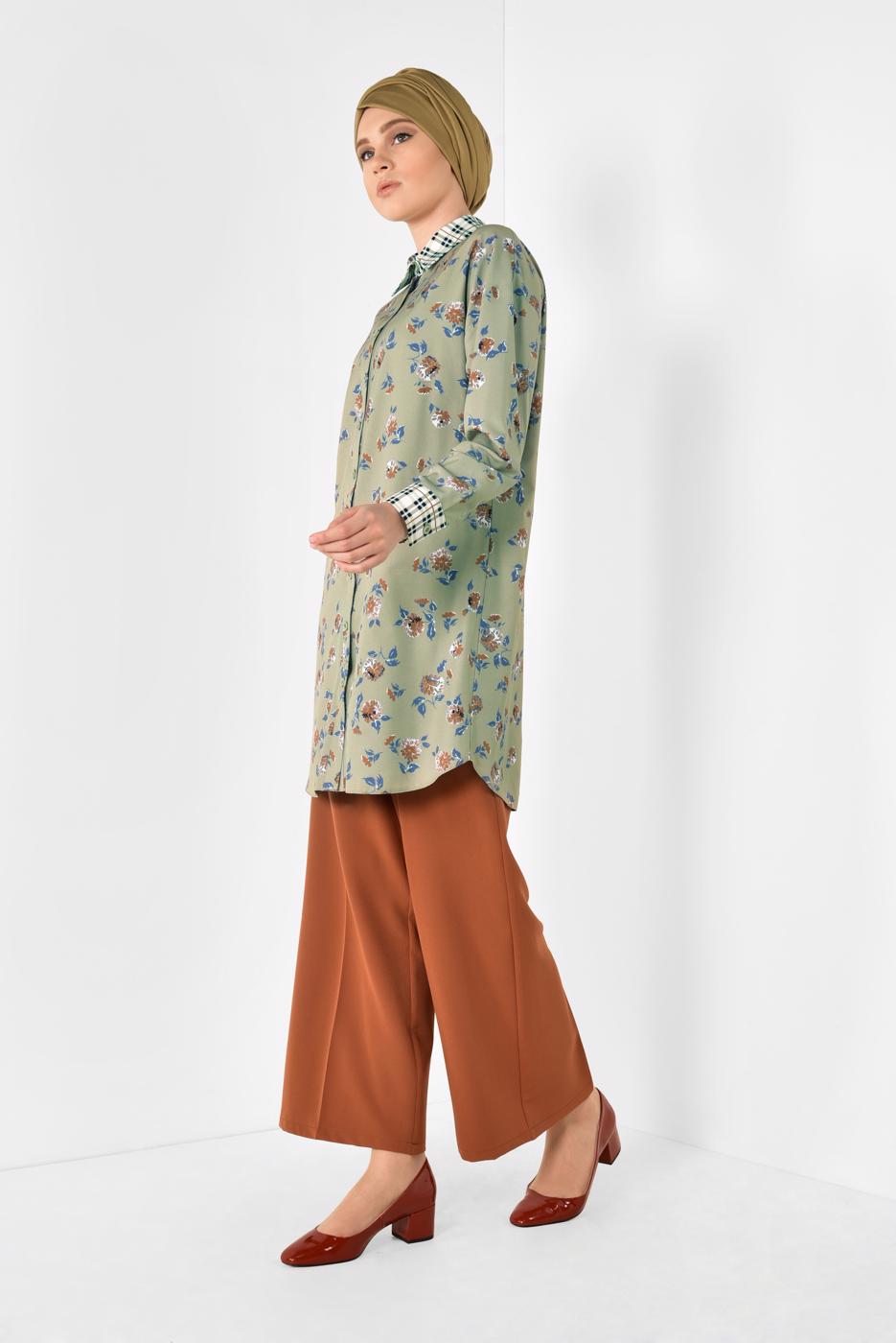 Tesettür giyim YEŞİL ALVİNA YAKASI VE MANŞETLERİ EKOSELİ TUNİK 4909 