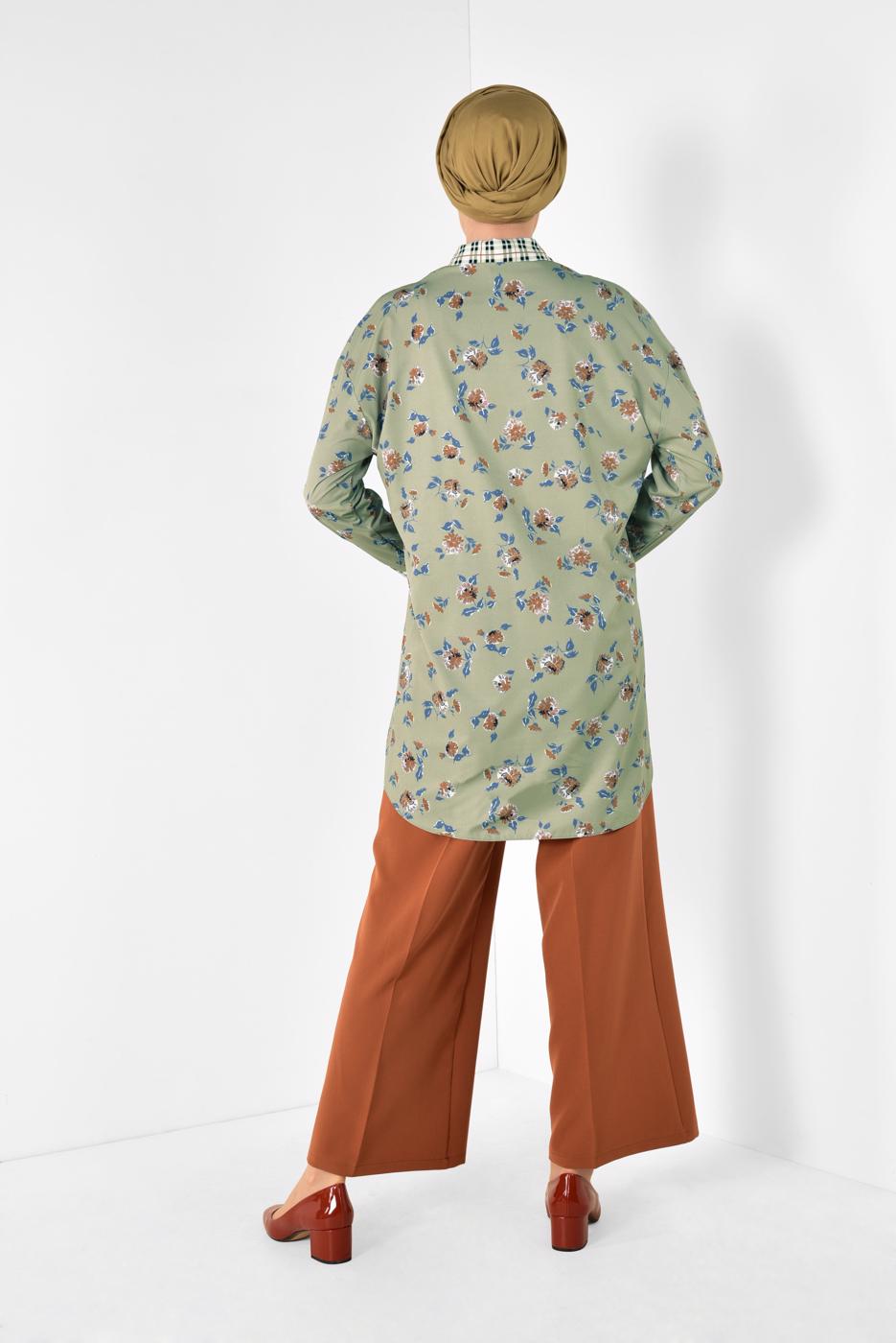 Tesettür giyim YEŞİL ALVİNA YAKASI VE MANŞETLERİ EKOSELİ TUNİK 4909 