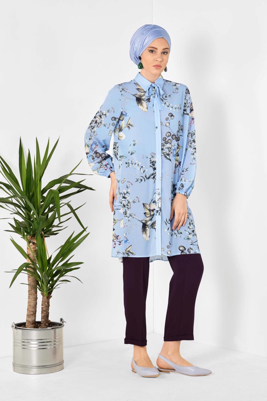 Tesettür giyim MAVİ ALVİNA ARKASI BÜZGÜLÜ TUNİK 4910