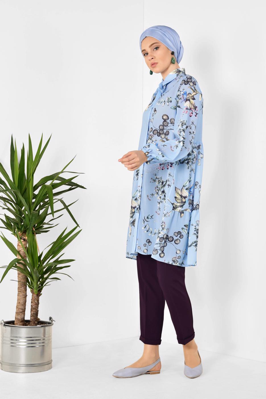 Tesettür giyim MAVİ ALVİNA ARKASI BÜZGÜLÜ TUNİK 4910