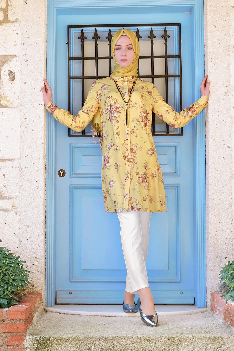 Hijab clothing YELLOW FLORAL PATTERNED TUNIC T 4911